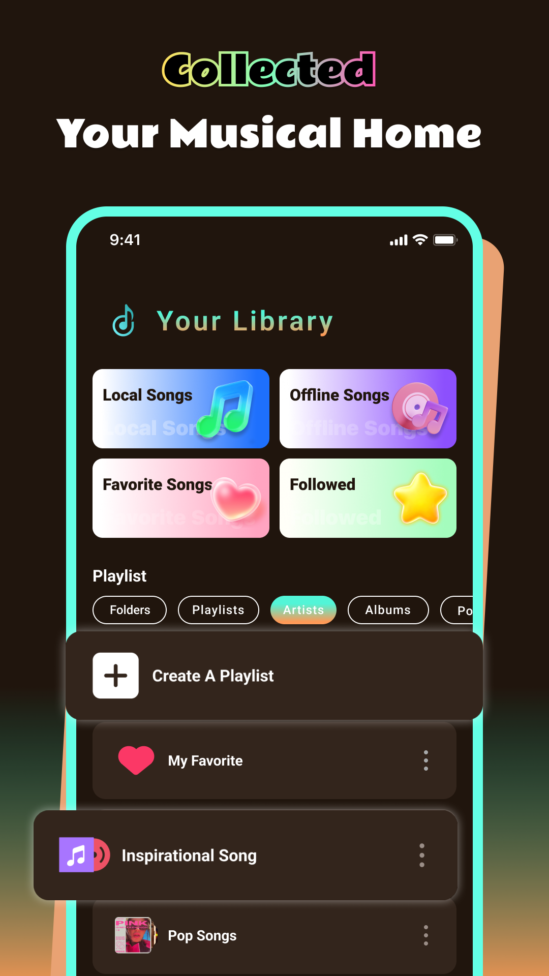 Tuneria music library screen with playlist categories